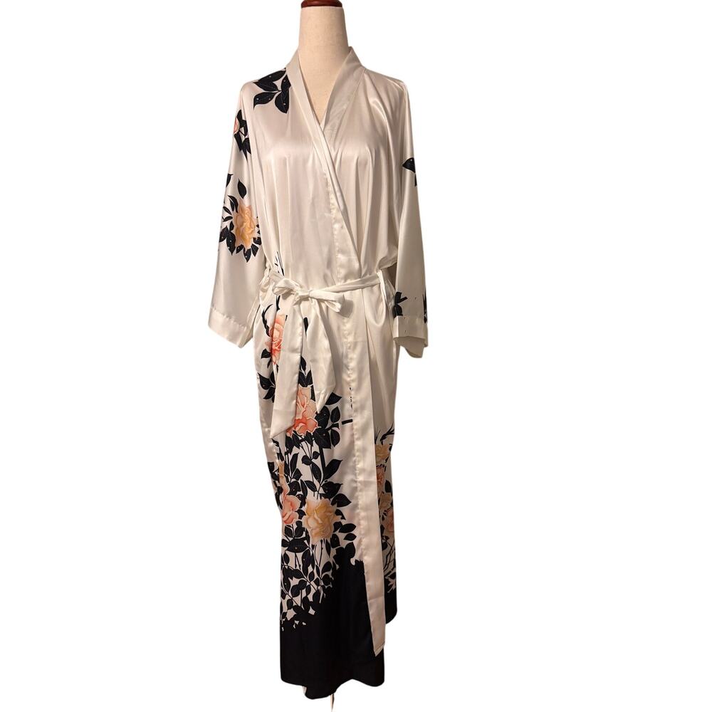 KIM+ONO Womens Floral Kimono Robe White Black Rose Long Maxi One Size